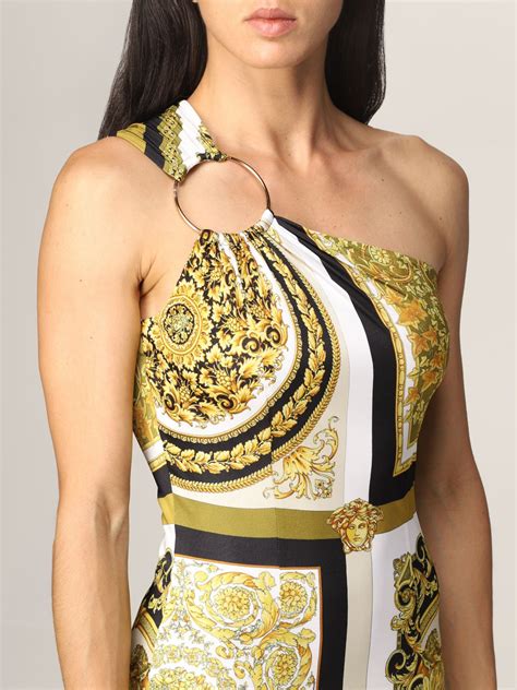 versace strip|Versace one shoulder dress.